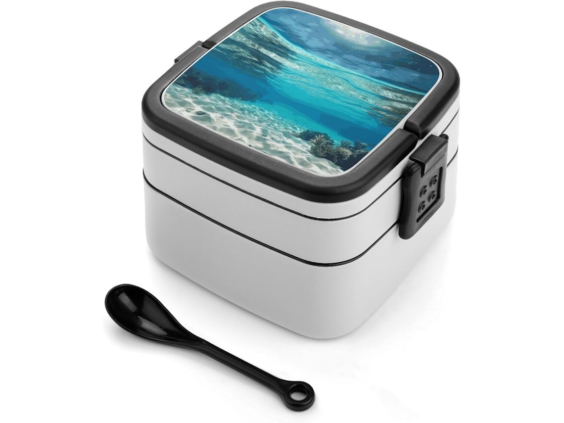Marmita Bento De Dupla Camada Com Estampa Subaquática Praia Tropical, Design Moderno E Minimalista, Empilhável, À Prova