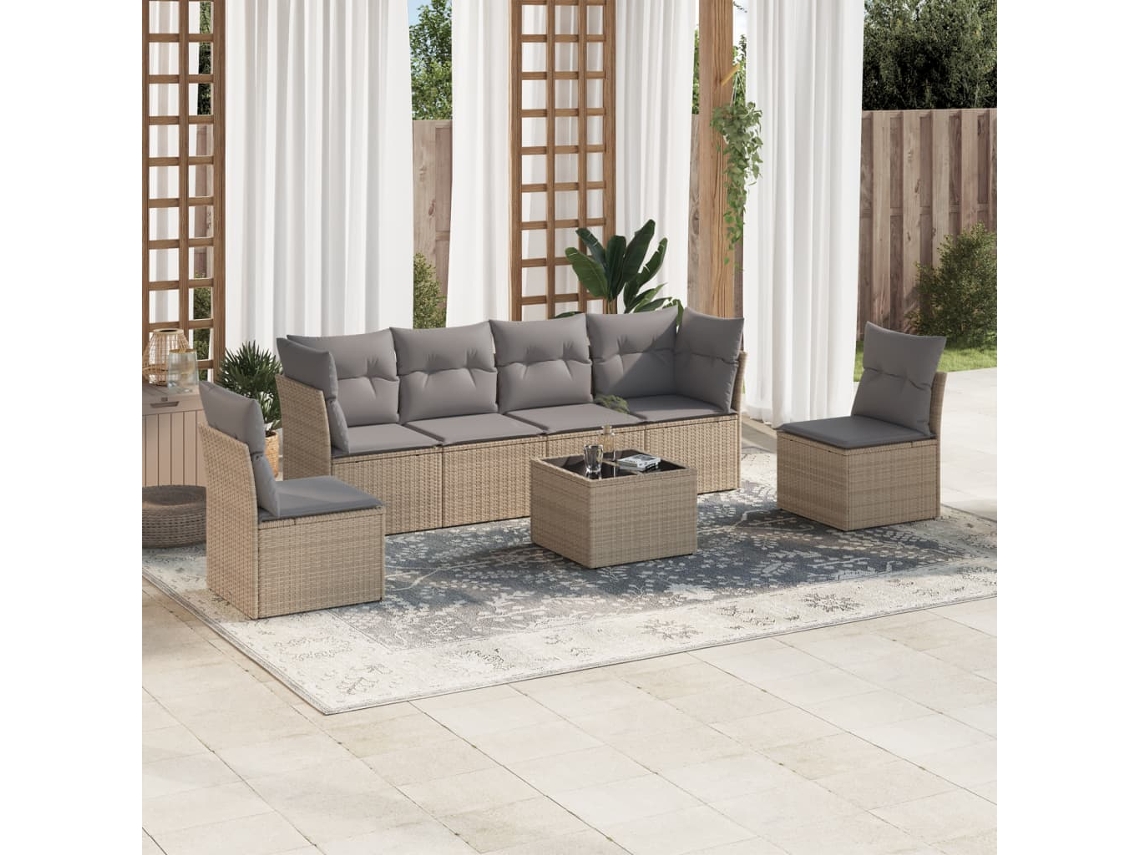 Vidaxl 7 Pcs Conjunto De Sofás P/ Jardim Com Almofadões Vime Pe Bege