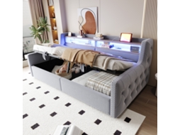 Sofá Cama 90x200cm Com Armazenamento Led Steckdose Lattenrost Cinza Claro