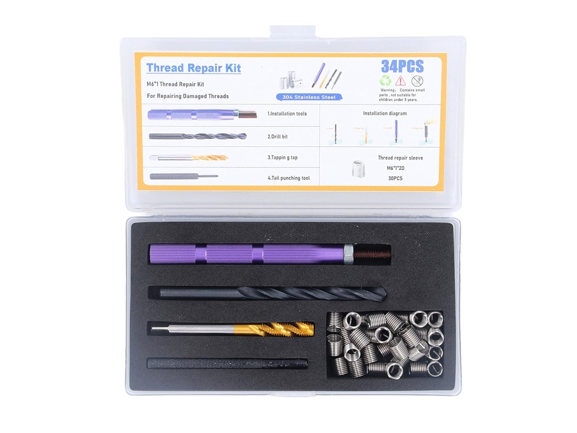 Kit De Reparo Roscas Métricas 34 Peças, Instalação Em Aço Inoxidável