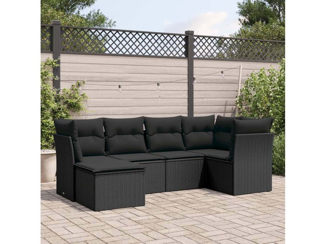 Vidaxl 6 Pcs Conjunto Sofás De Jardim C/ Almofadões Vime Pe Preto