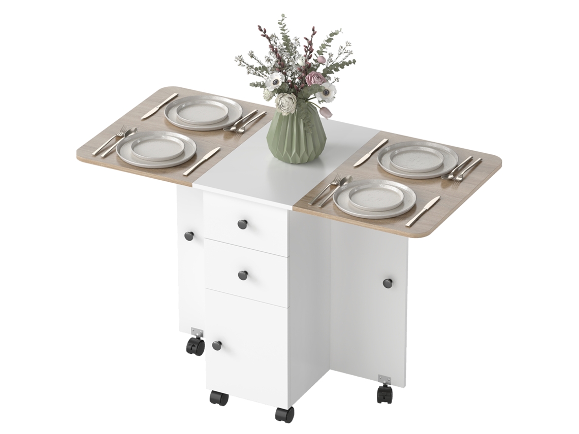 Mesa De Refeição Com Rodas Abatível Com 2 Gavetas E Armário Auxiliar Multifuncional 120x60x76,5 Cm Branco
