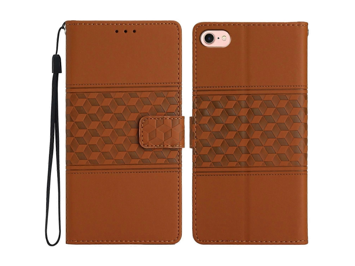 Capa De Couro Com Padrão Losango Para Iphone 16e, Capa Flip Horizontal Marrom