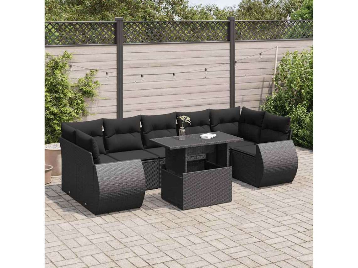 Vidaxl 8 Pcs Conjunto Sofás De Jardim Com Almofadões Vime Pe Preto
