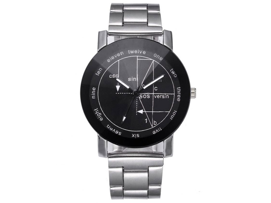 Relógio casual com pulseira de aço e mostrador grande com padrão de função matemática, preto moderno.