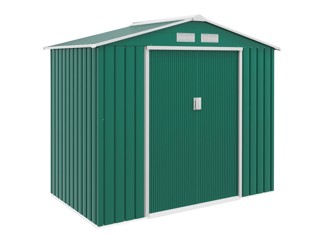 Abrigo De Jardim Metálico Exterior 213x130x185cm, 2 Portas Deslizantes E 4 Janelas, Verde