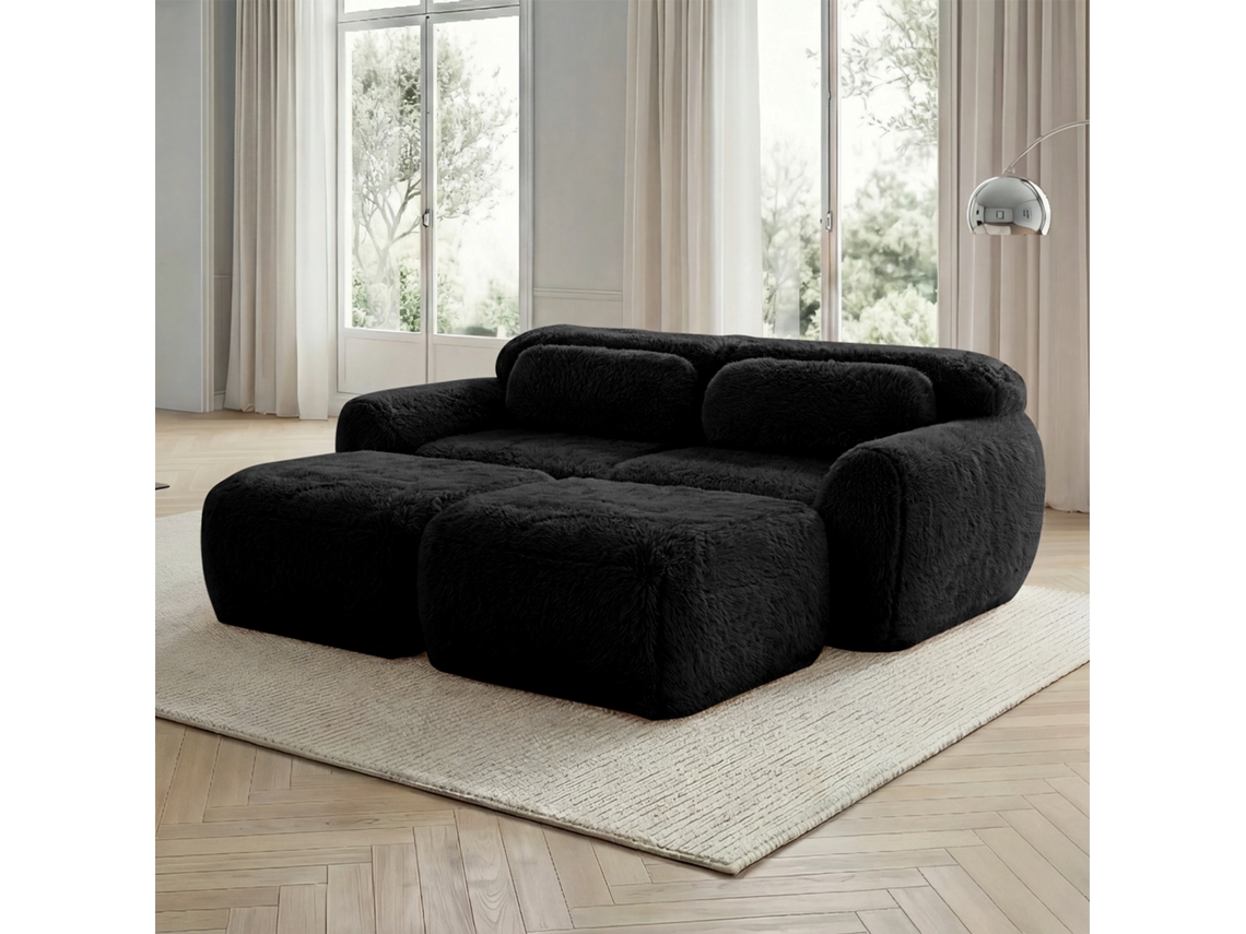 Sofá Modular 2 Lugares Capacho Texturizado Macio Chaise Longue Preto MOBRIO
