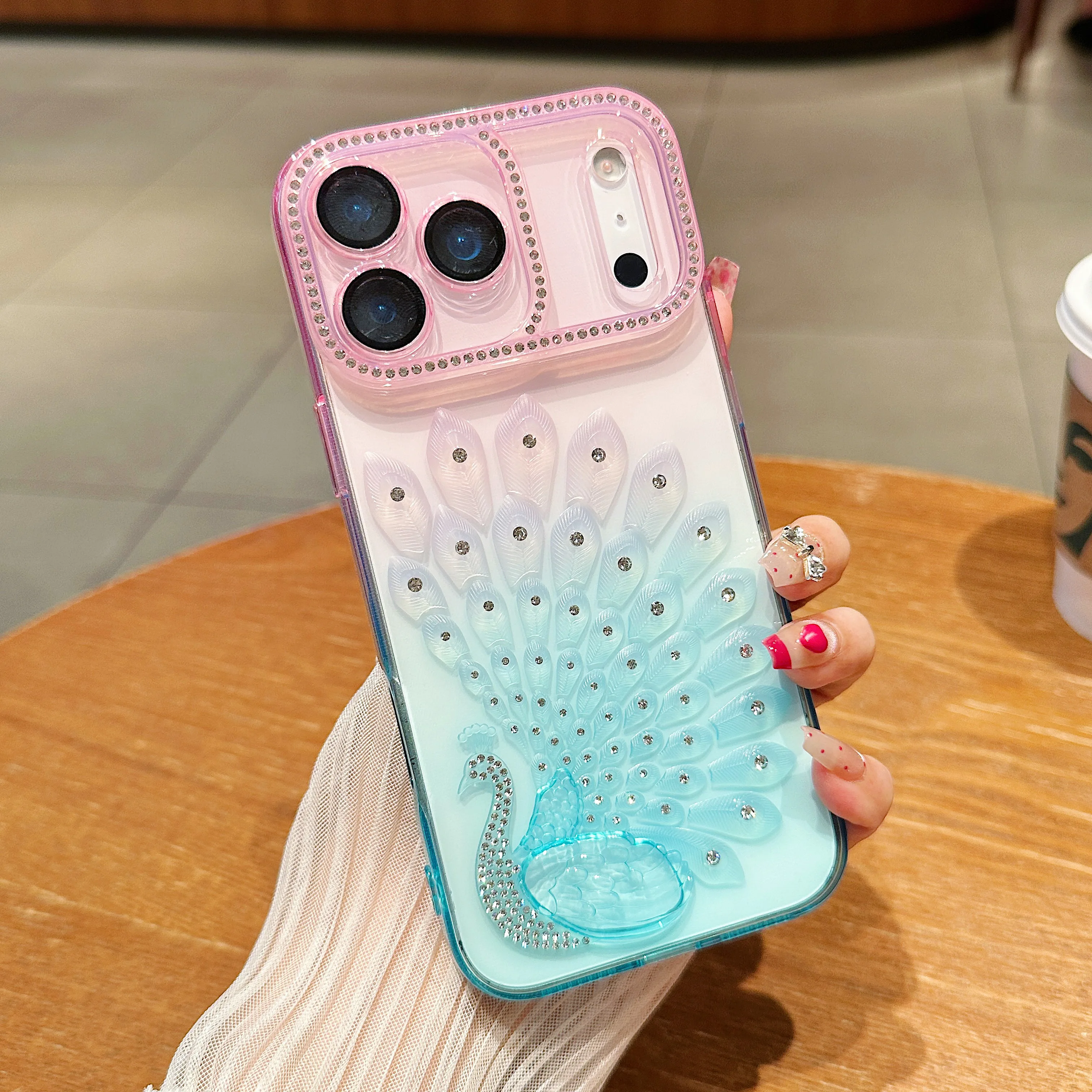 Capa Para Celular À Prova De Choque Com Gradiente De Cores (rosa E Azul, Modelo 14 Pro Max), Transparente Com Efeito Diamante.