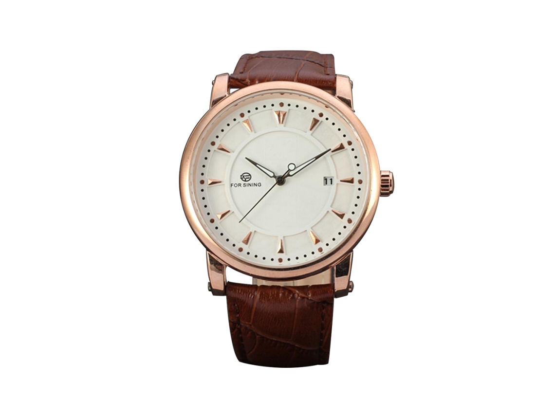 Relógio masculino Forsining automático mecânico com pulseira de couro, rosa ovo e prata, casual e à prova d'água.