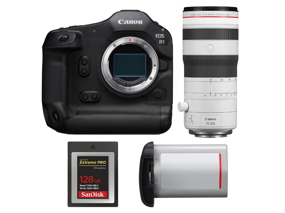 Eos R1 + Rf 70 200mm F/2.8 L Is Usm Z Branco + 1 Sandisk 128gb Extreme Pro Cfexpress Type B + Canon Lp e19 + Ebook Pricedirect CANON