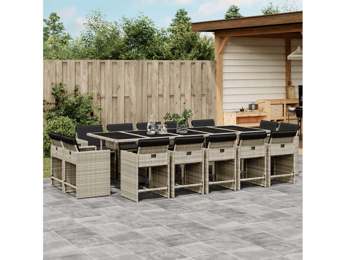 Vidaxl 15 Pcs Conj. Jantar Jardim C/ Almofadões Vime Pe Cinzento-claro