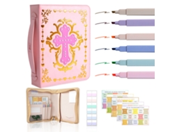Pu Leather Cross Cover Bible Bag Handbag Book Zipper Pouch Love Pink With Random Color Pens 6pcs, Bohemian Stickers 5pcs