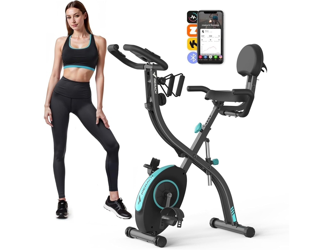 Bicicleta Estática 4 em 1 MERACH, LCD, Bluetooth, APP, 16 Níveis Magnética, Guiador de Frequência Cardíaca, Dobrável, Silenciosa, X-Bike, Preto
