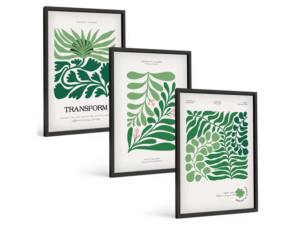 Conjunto De Pinturas Folhas Verdes, Plantas, Formas Moldura Preta Fotos Para O Escritório Espelharte (3 Piezas De 40x60 Cm)
