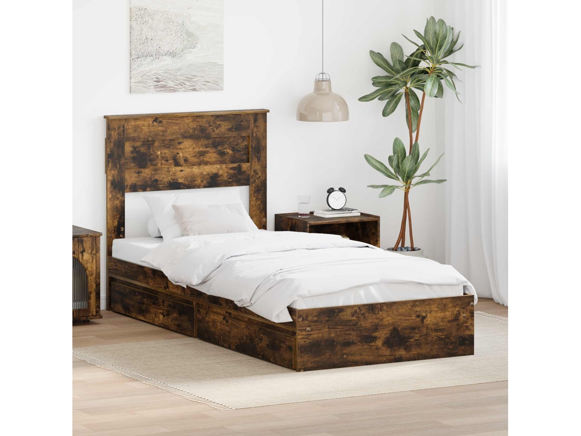 Vidaxl Cama Com Armazenamento Com Gaveta Carvalho Defumado 90 X 190 Cm
