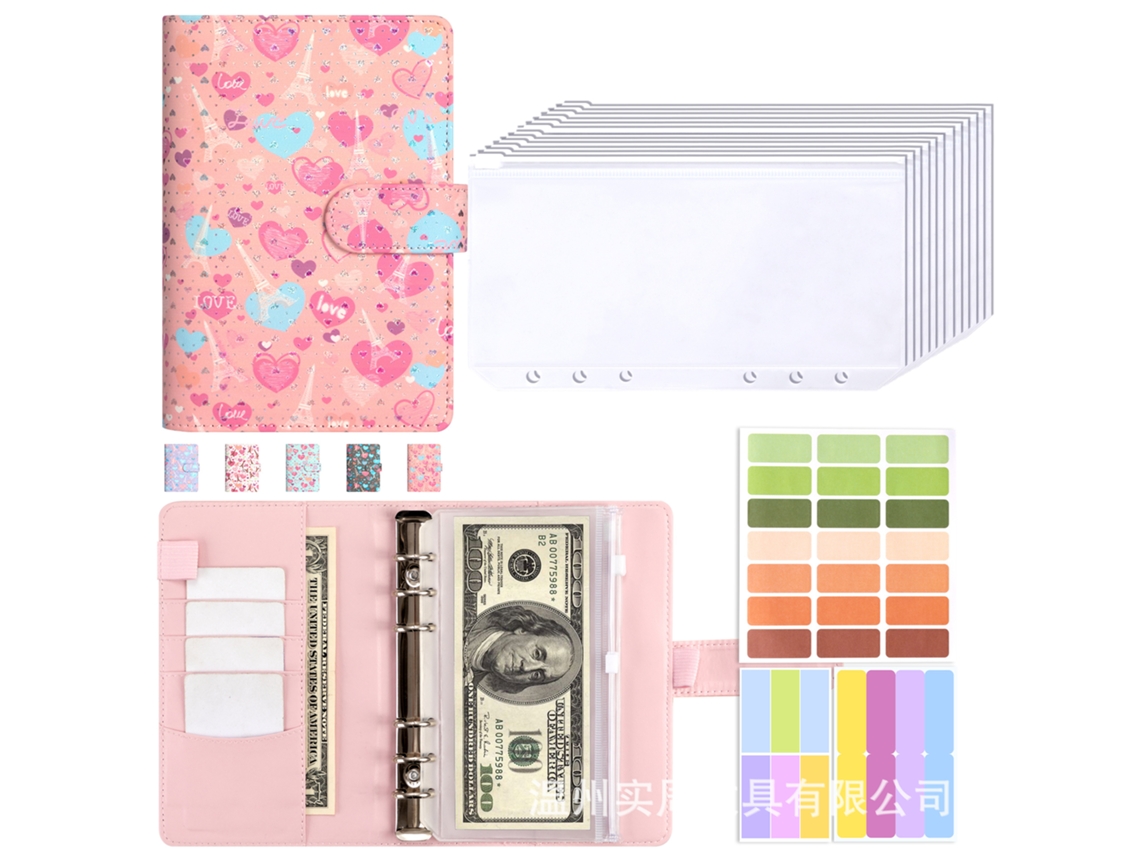 A6 Love Eiffel Tower Korean Macaron Loose Leaf Pu Leather Notebook Planner Journal With Pink Cover, 12-zipper Pockets
