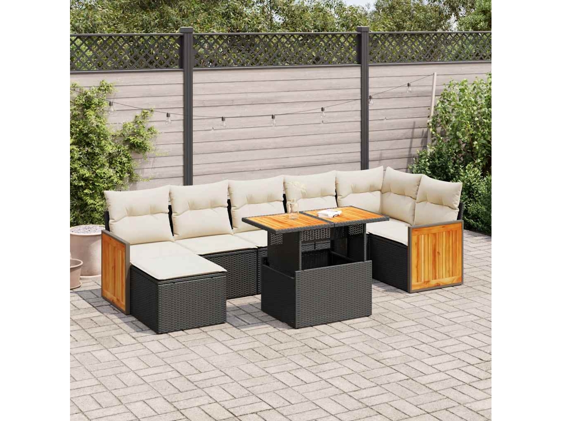 Vidaxl 8 Pcs Conjunto Sofás Jardim Com Almofadões Vime Pe/acácia Preto