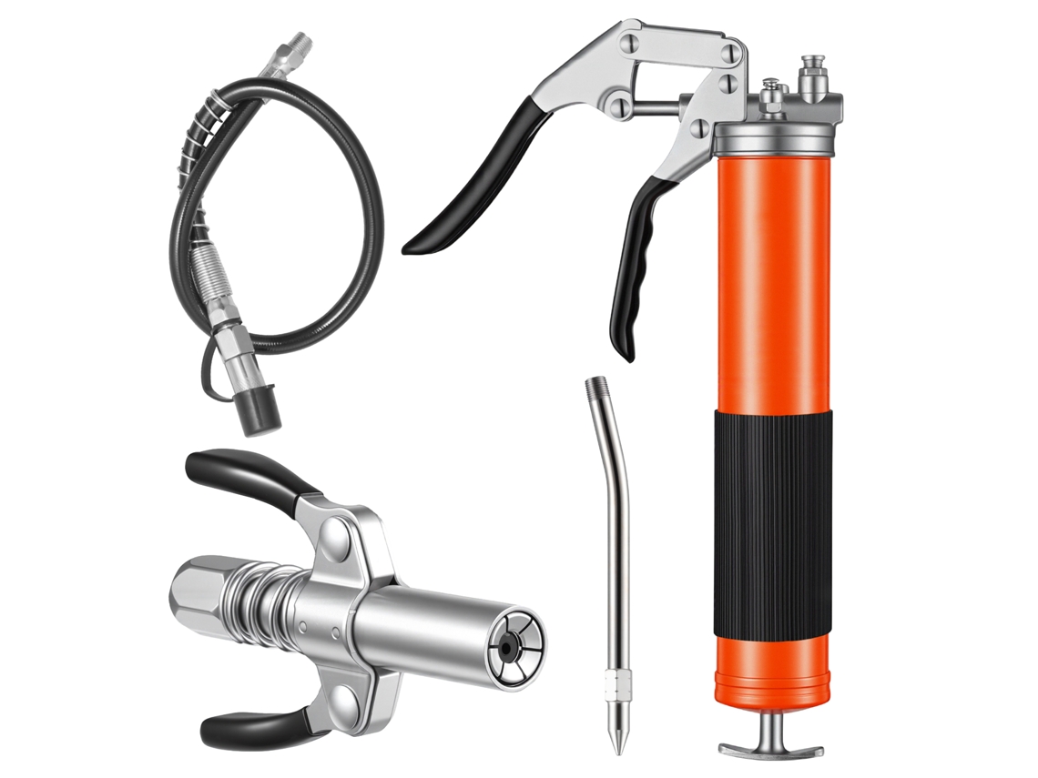 Pistola de Graxa 8000 Psi, com Empunhadura e Capacidade 0,4 L, Mangueira Flexível 46 Cm, Alça Dupla, Tubo Rígido Extensão Bico Afiado para Automotiva