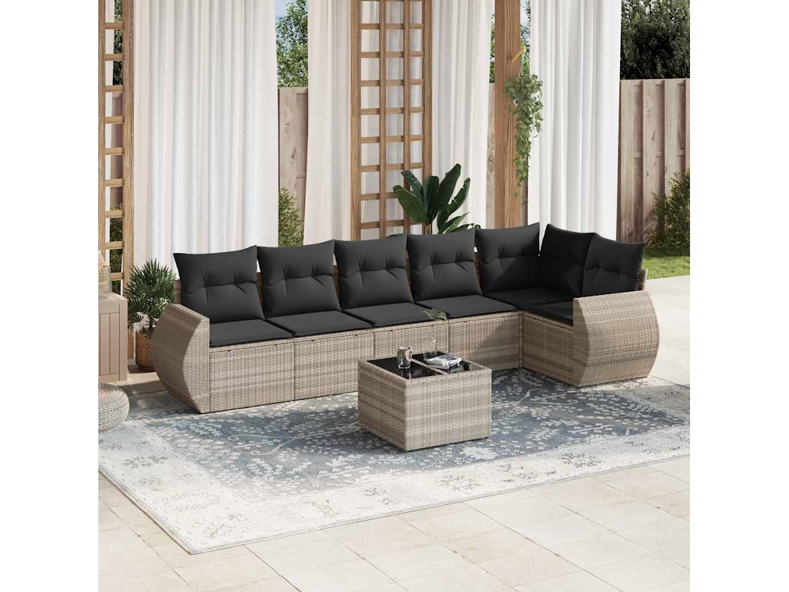 Vidaxl 7 Pcs Conj. Sofás Jardim Com Almofadões Vime Pe Cinzento-claro