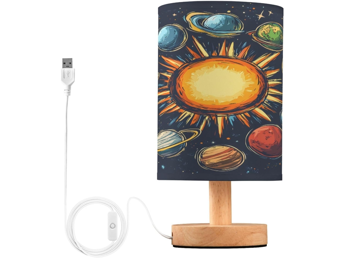 Abajur De Cabeceira Com Desenho Animado Do Sistema Solar, Pequeno Abajur De Led Com Portas Usb E Cúpula Tecido Para Sala