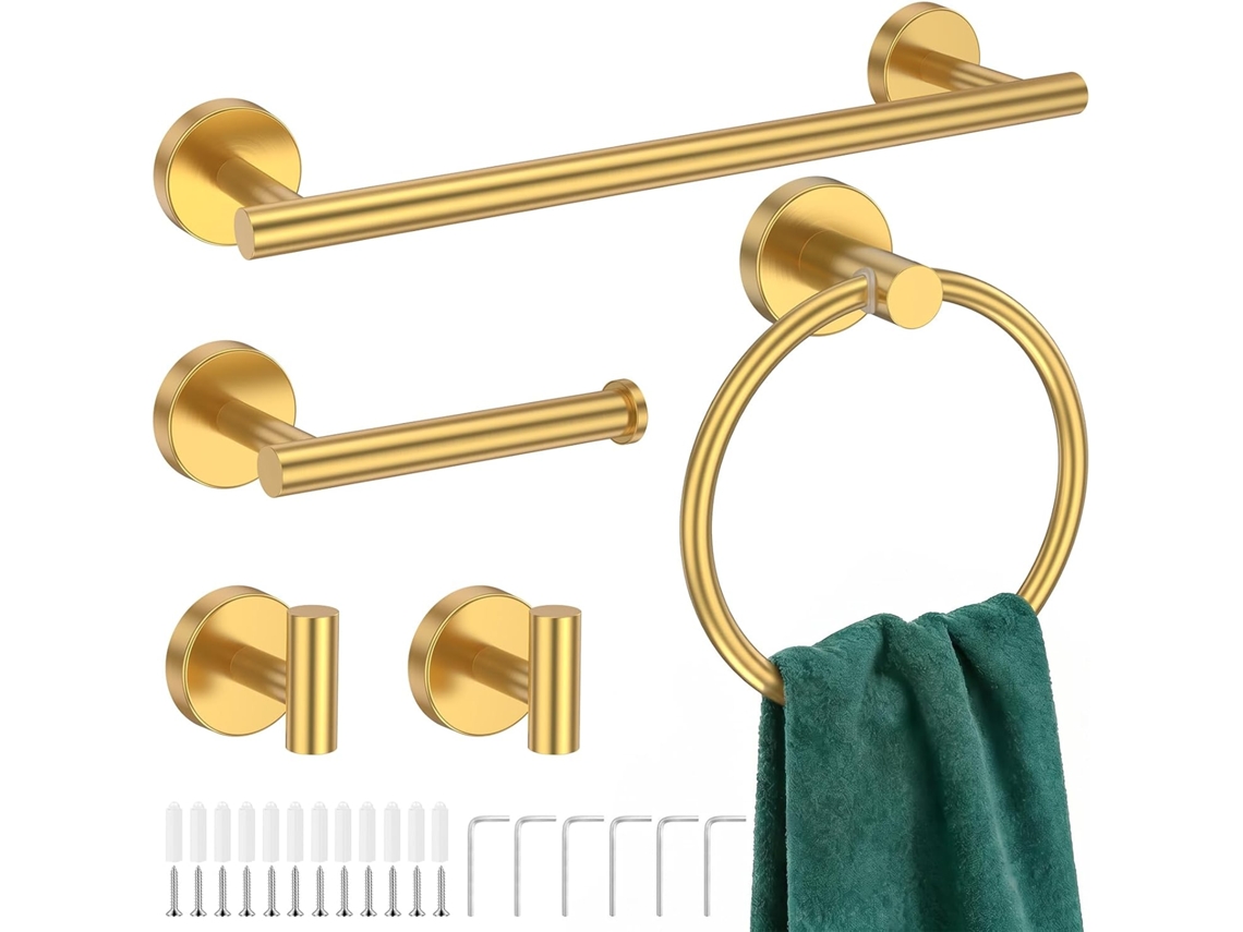 Conjunto De 5 Peças Acessórios Para Banheiro Em Aço Inoxidável Com Acabamento Dourado Escovado, Incluindo Barra De