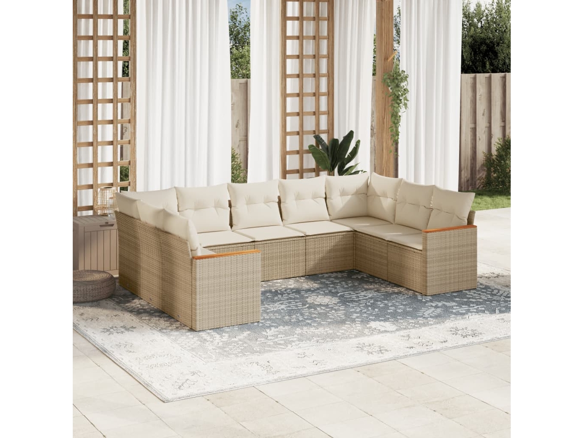Vidaxl 9 Pcs Conjunto De Sofás P/ Jardim Com Almofadões Vime Pe Bege