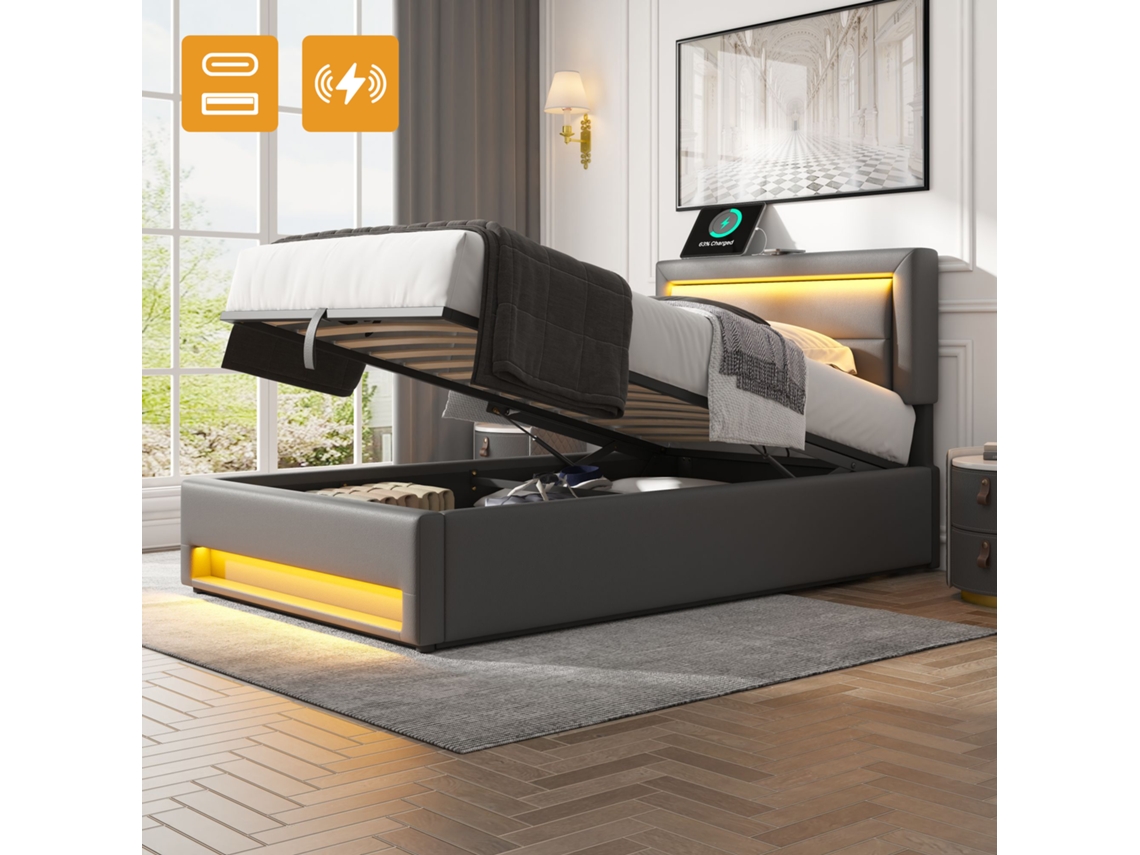 Cama Infantil 90x190 Cm com Arrumação Led Usb Gavetas Pu VSOGA