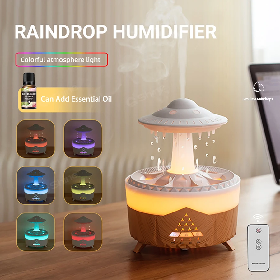 Umidificador De Aromaterapia Raindrop (cor Madeira), Luz Ambiente De 7 Cores, Funcionamento Silencioso, 3 Funções De Temporizador.