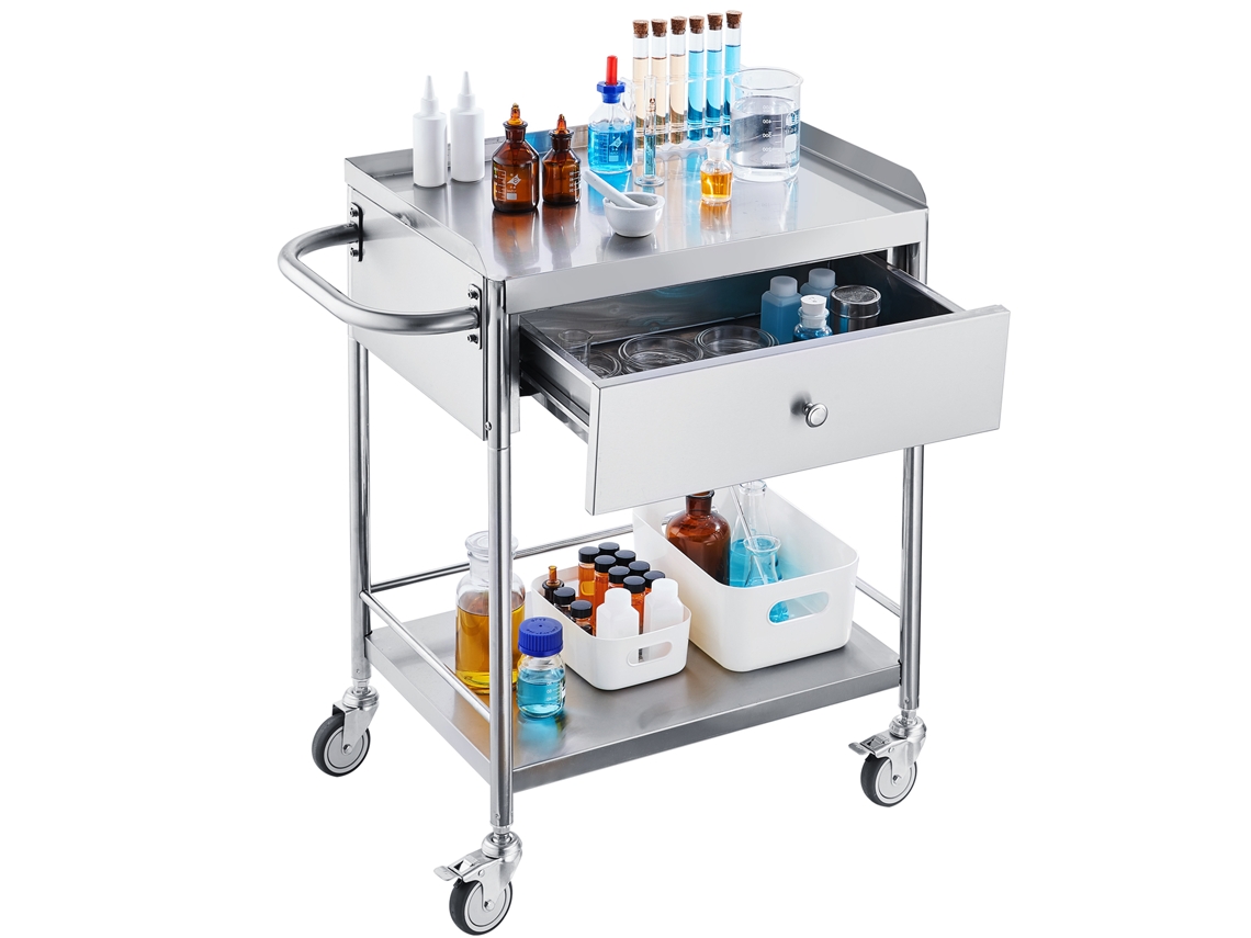 Carrinho de Laboratório Aço Inoxidável 2 Níveis Médico 71x42x78,5 Cm com Gaveta Carga 100 Kg Movimento Silencioso para Armazenamento Clínico, Cozinha,