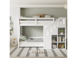 Beliches 2x90x200 Cm Com Escada, Apoios De Braços E Prateleiras De Arrumação, Madeira Maciça, Branco Estilo