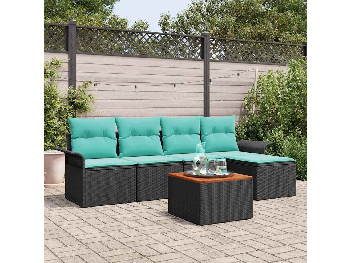 Vidaxl Conjunto De Sofá De Jardim 6 Pcs Preto E Turquesa Vime Pe