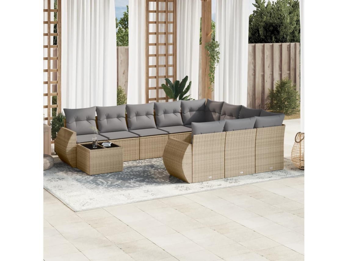 Vidaxl 11 Pcs Conjunto Sofás De Jardim C/ Almofadões Vime Pe Bege
