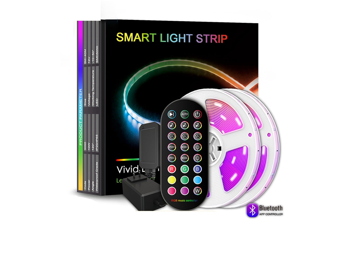 Conjunto de Fita de Led Rgb Inteligente, Controle por Aplicativo Bluetooth e Remoto, Sincronização com Música, Regulável, Led 5050 12v BRILVIBERA