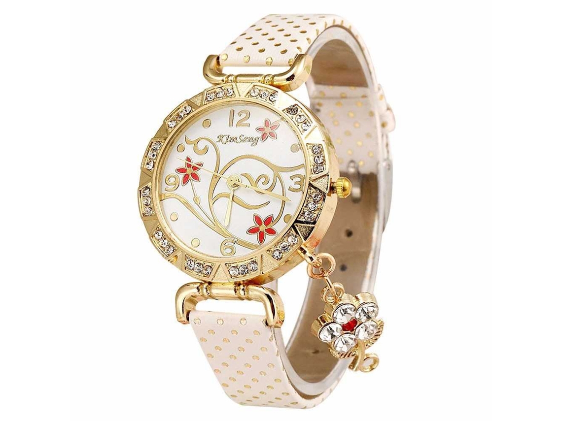 Relógio de Pulseira Feminino de Couro Pu com Padrão Floral e Pedras Rhinestones Branco