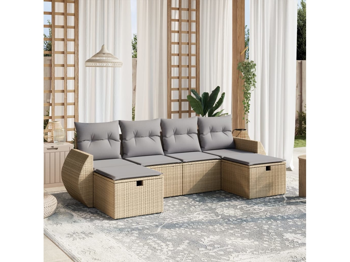 Vidaxl 6 Pcs Conj. Sofás Jardim C/ Almofadões Vime Pe Bege Misturado