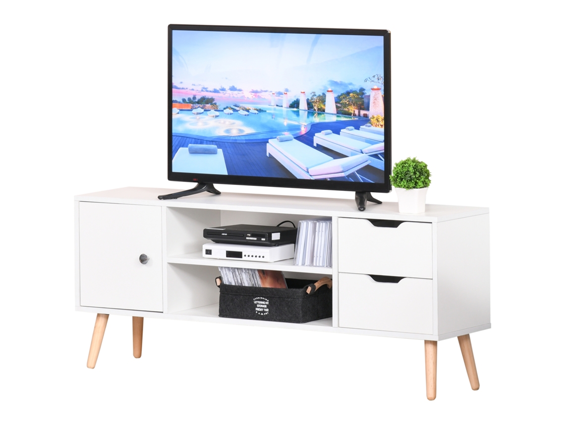 Suporte para TV de 50 polegadas com porta, 2 prateleiras e 2 gavetas, branco 120x28x44 Cm | S/MARCA