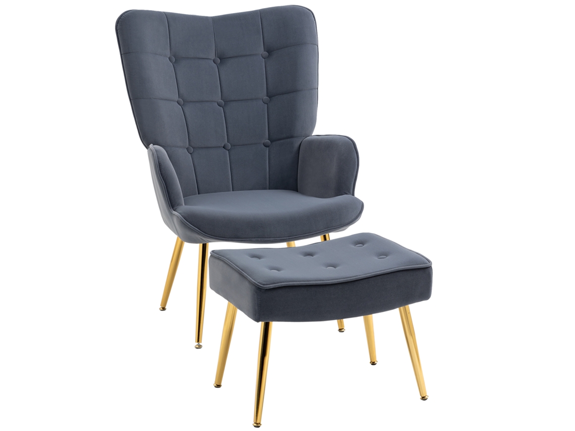 Poltrona PRIME KANG, com apoio para os pés, estofada, encosto alto, pés de aço dourado, veludo cinza escuro