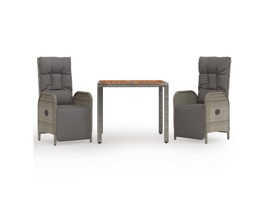 Conjunto 3 de jantar p/ jardim c/ almofadões VIDAXL vime PE cinza