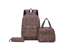 Conjunto De Três Peças De Mochila De Estampa De Leopardo Com Lancheira E Estojo, Adequado Para Uso Escolar Diário Marrom