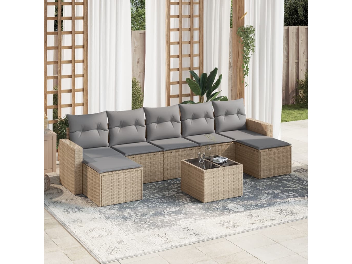 Vidaxl 8 Pcs Conjunto De Sofás P/ Jardim Com Almofadões Vime Pe Bege