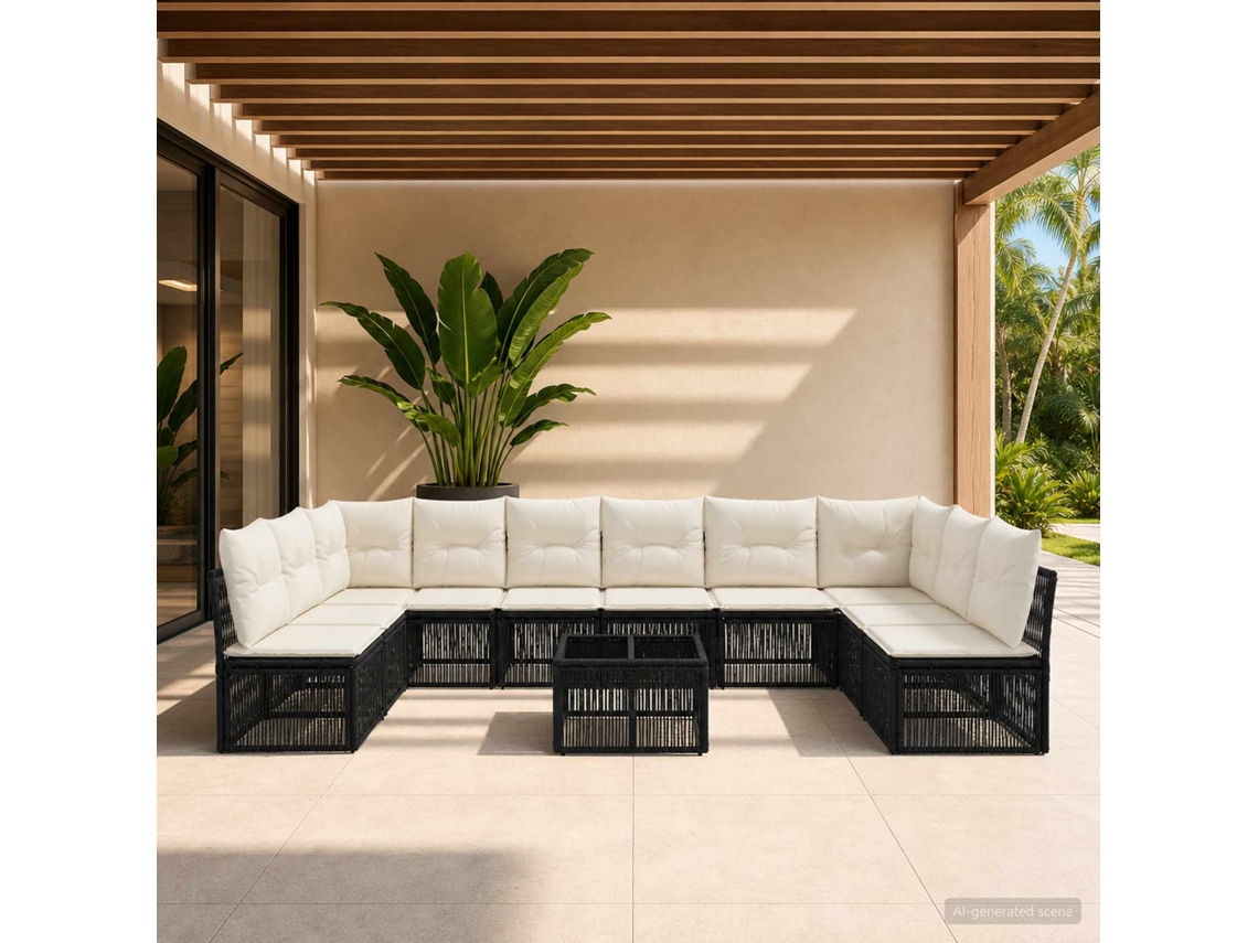 Vidaxl Conjunto De Sofá De Jardim 11 Unid. Preto Vime Pe