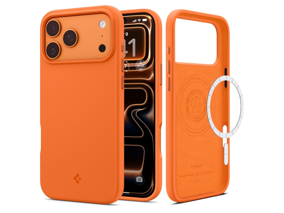 Capa De Silicone Spigen Fit Magsafe Para Iphone 17 Pro Max, Proteção Na Cor Laranja Cósmica