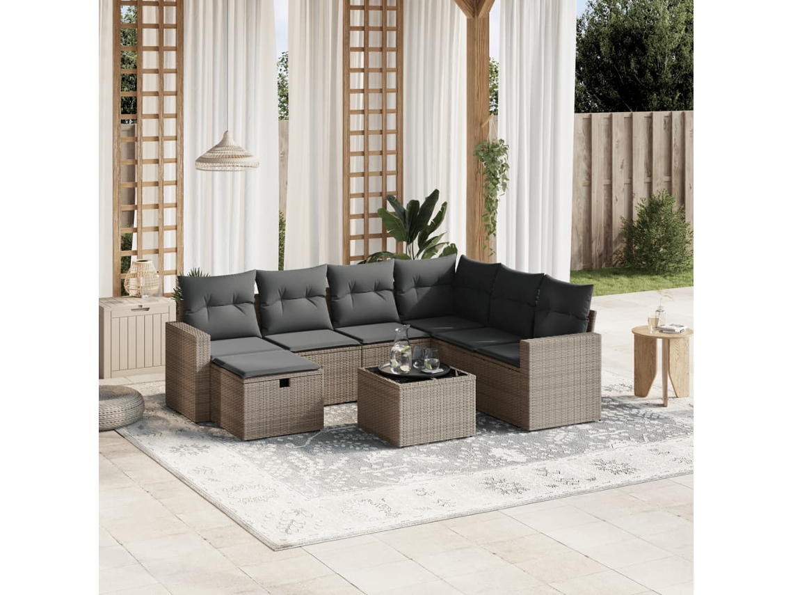 Vidaxl 8 Pcs Conjunto Sofás De Jardim C/ Almofadões Vime Pe Cinzento