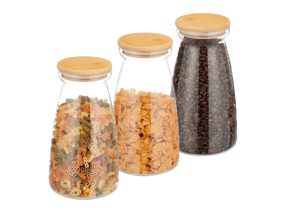 Conjunto Com 3 Potes De Vidro Com Tampas Herméticas De Bambu
