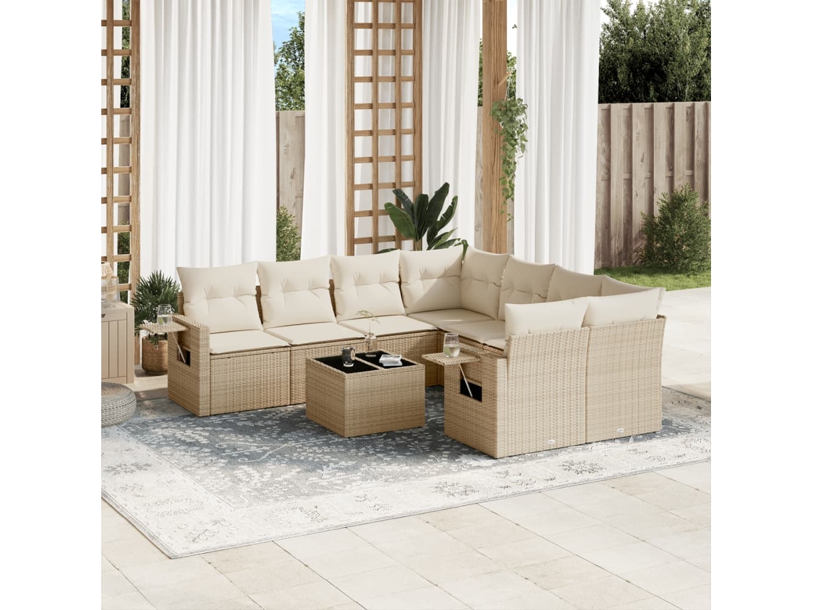 Vidaxl 9 Pcs Conjunto De Sofás P/ Jardim Com Almofadões Vime Pe Bege