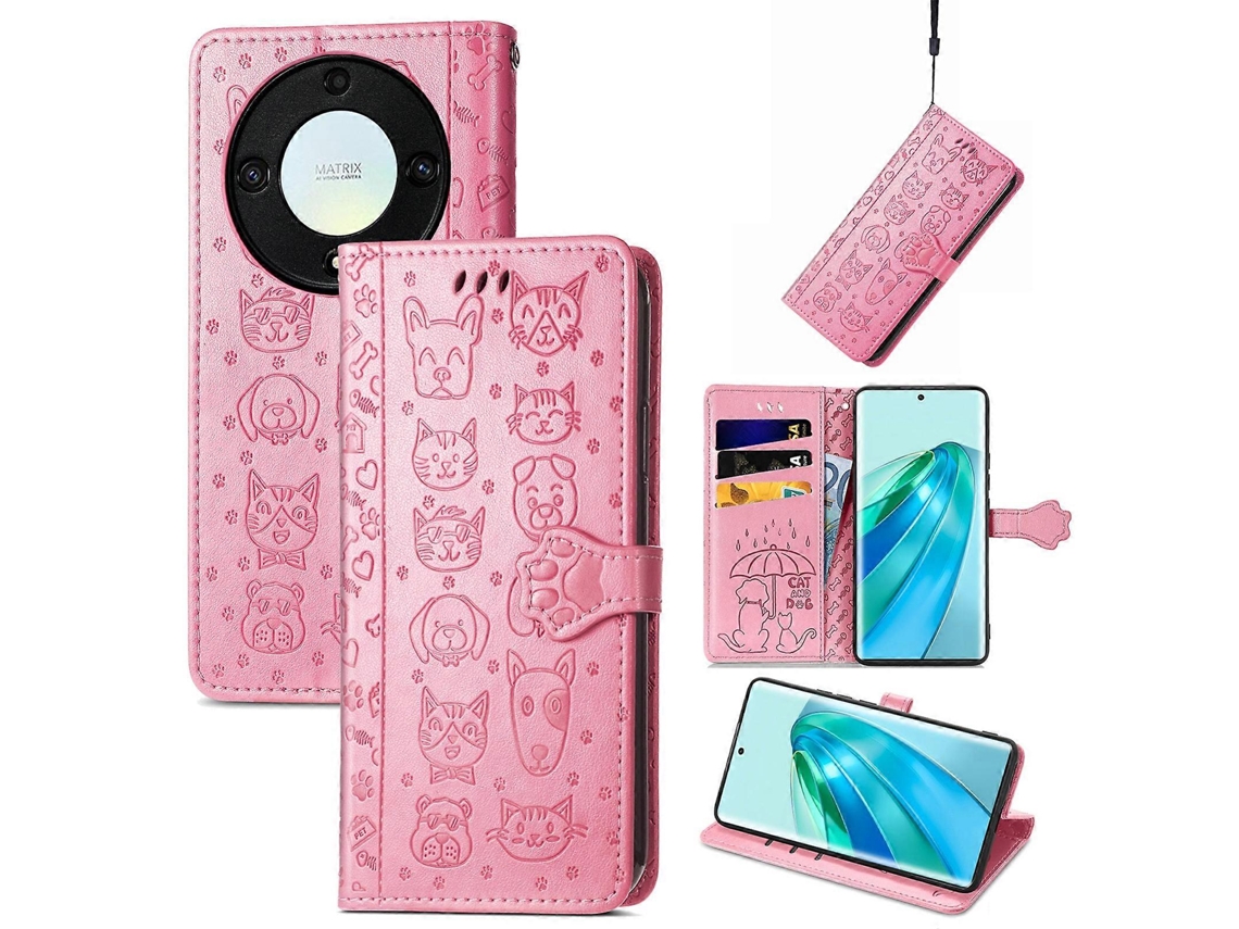 Capa De Couro Com Estampa De Gato E Cachorro Para Honor Magic5 Lite