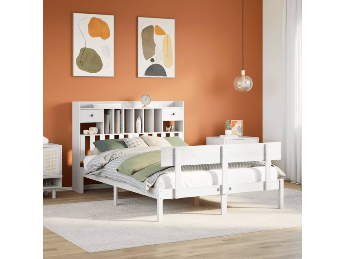 Vidaxl Cama Com Estante Sem Colchão 140x200 Cm Pinho Maciço Branco