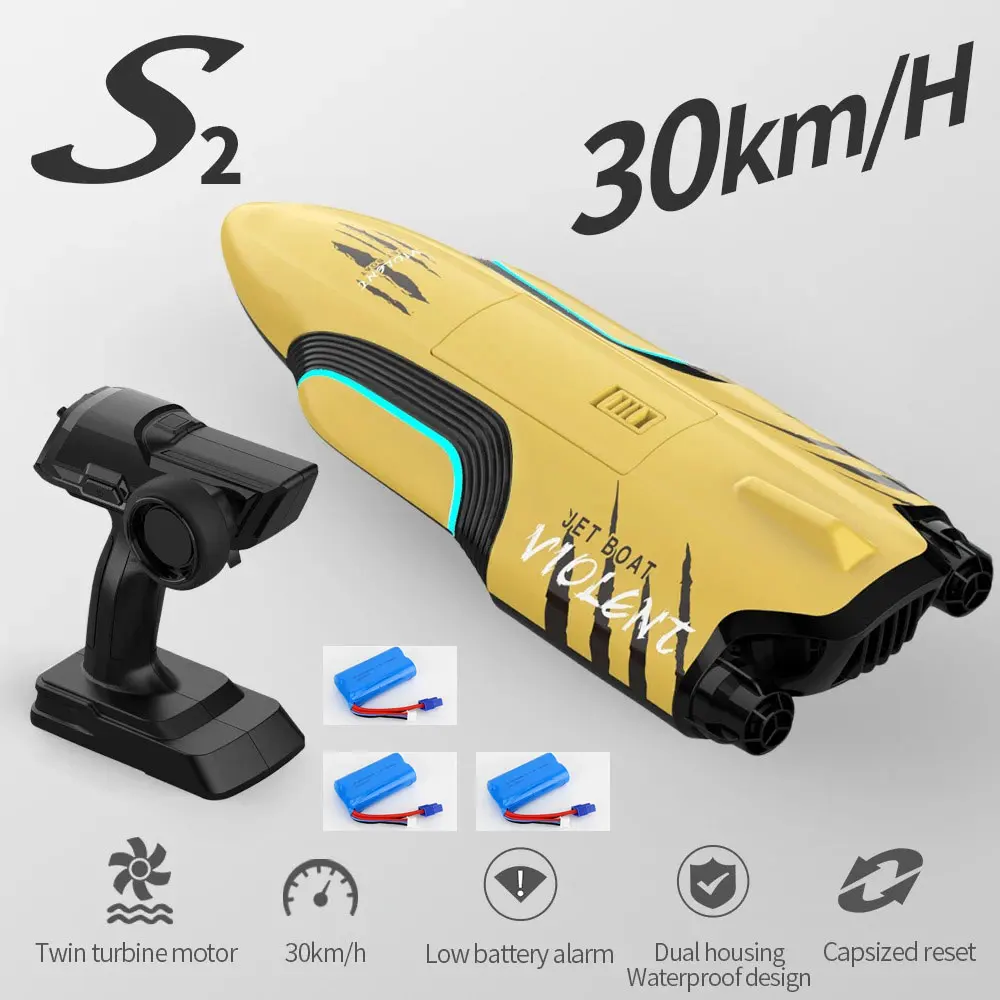(amarelo, 3 Pilhas) Barco de 35 cm com controle remoto, dois jatos Vortex, luzes LED e reinicialização automática em caso de capotamento.