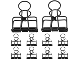 Conjunto de 10 clipes de papel metálicos Preto, transparentes, ideais para projetos escolares e artesanais, com superfície lisa e durável.