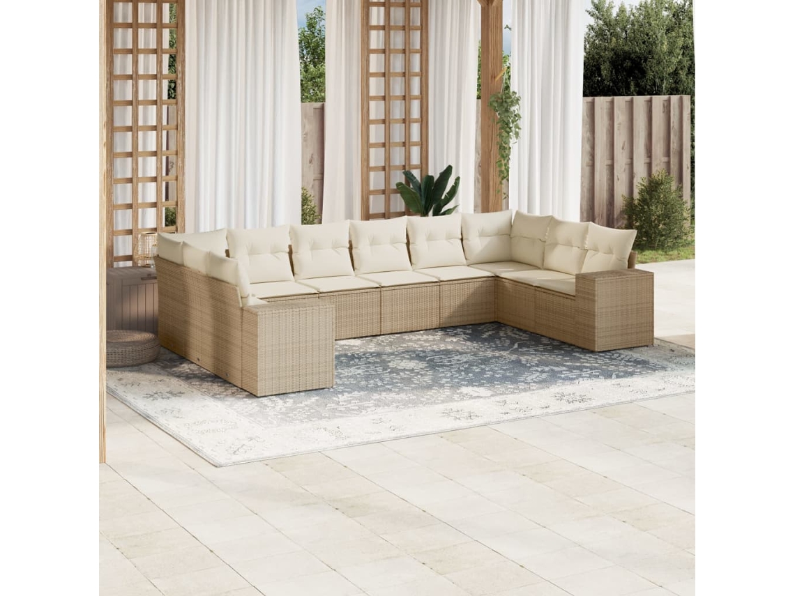 Vidaxl 10 Pcs Conjunto De Sofás P/ Jardim Com Almofadões Vime Pe Bege
